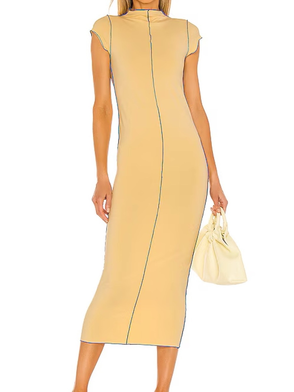 The Line by K Yellow-Beige Midi Dress with Contrast Stitching
